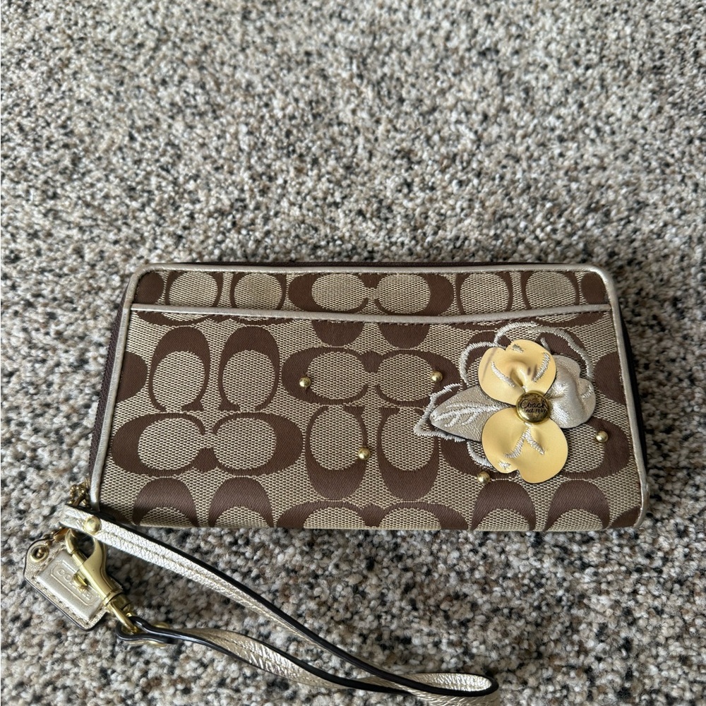 Coach Signature Wristlet with Flower Accent